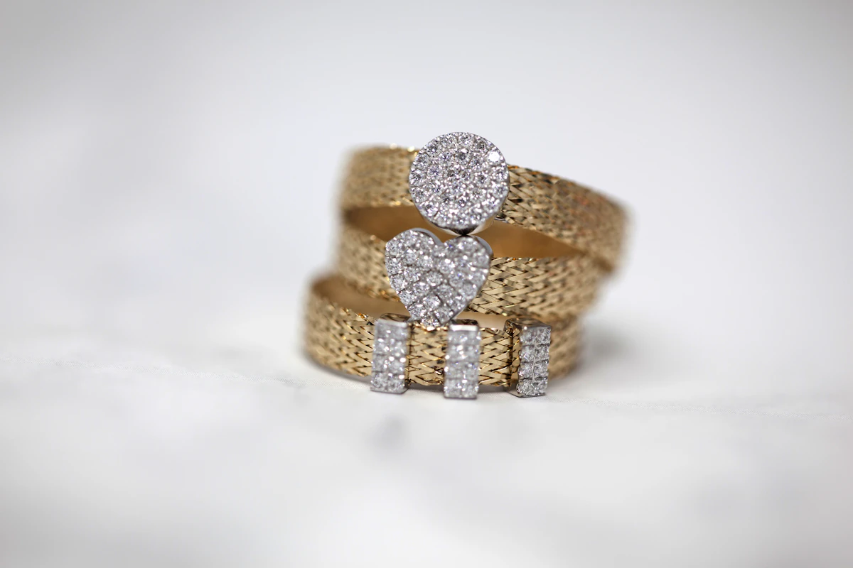 Stacked gold rings with pavé diamonds